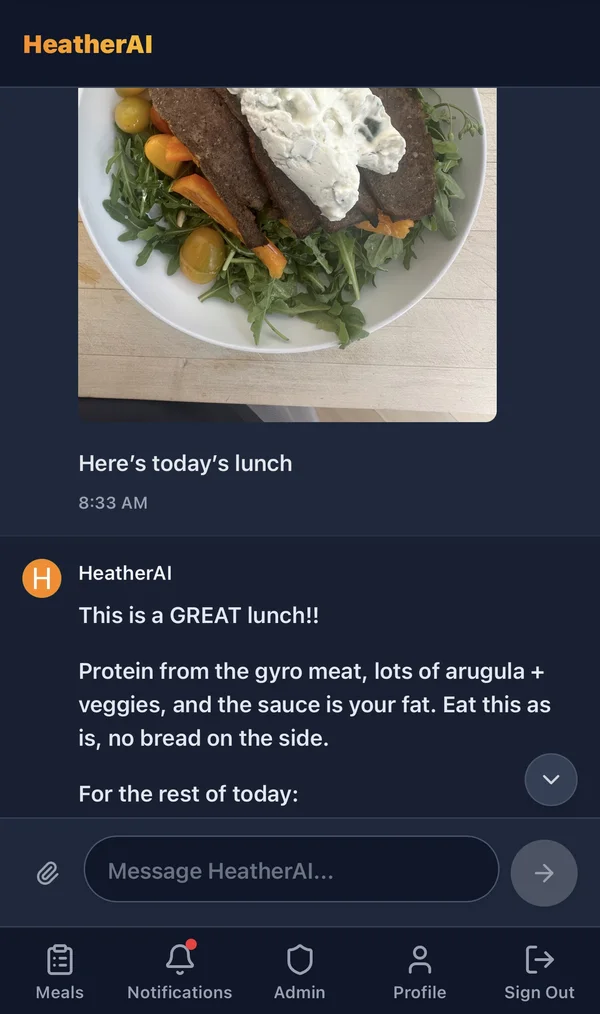 HeatherAI photo meal logging with instant feedback